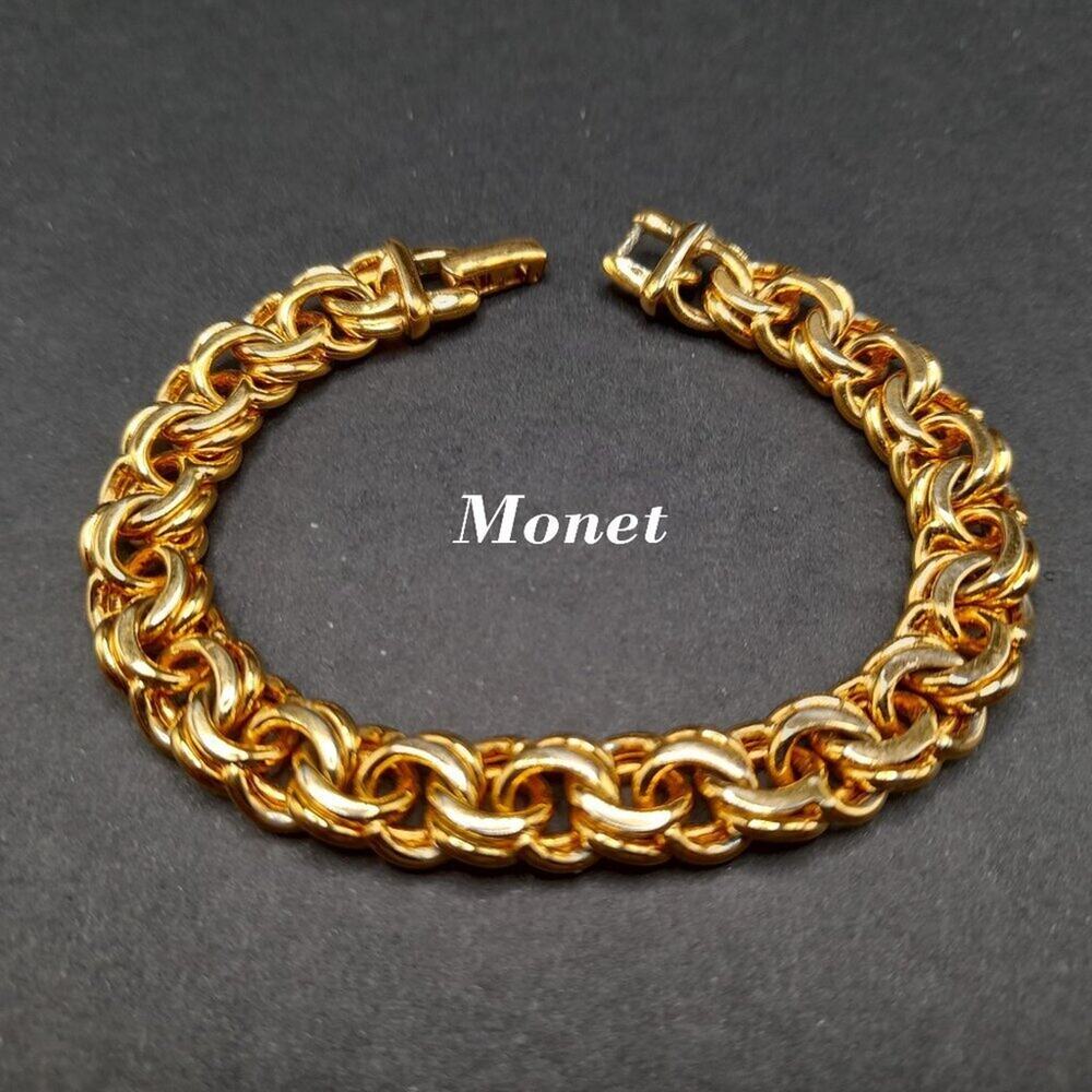 Vintage Monet Gold Plated Link Bracelet, 7 1/2 Inches, Fold Over Clasp